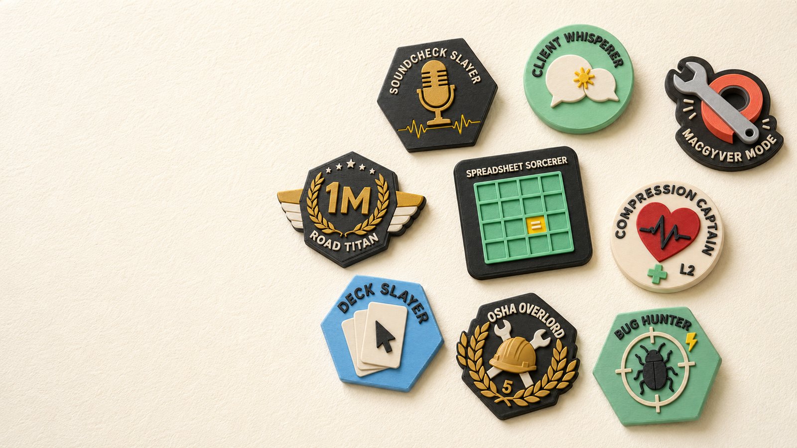 Flat lay of Bravo achievement badges arranged on a cream background
